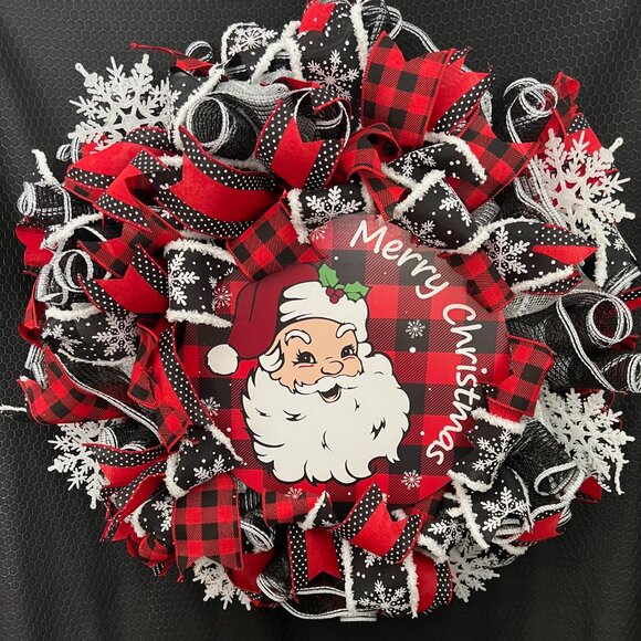 Angelic Wreaths By Diane Other - Santa Merry Christmas Wreath Red Plaid Ribbons, Snowflakes, Made of Deco Mesh